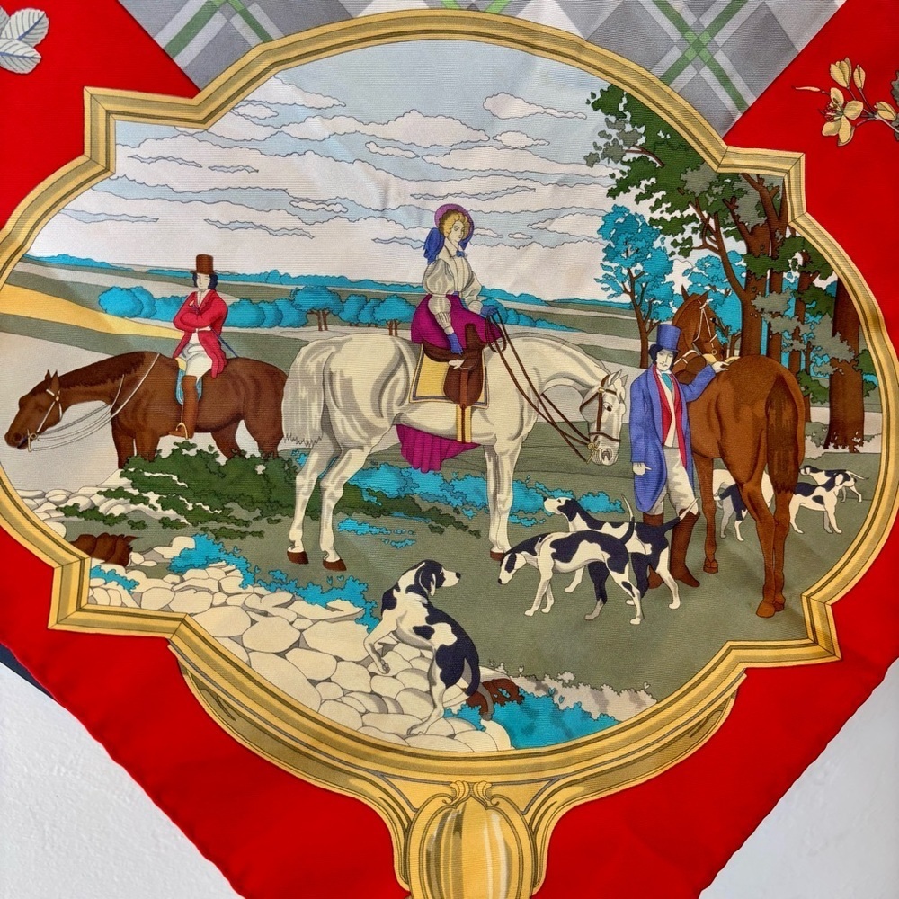 GUCCI Vintage Silk Scarf 34” Red Equestrian Hunting Print Italy - Picture 7 of 16